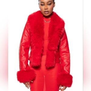 Red Faux Fur Trim Jacket
